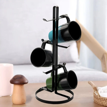 Decorme Mug Tree Holder – Black Metal Coffee Cup Organizer Rack (6 Hooks)
