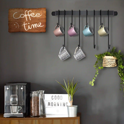 Decorme Wall Mounted Wrought Iron Mug & Spoon Holder – 6 Hooks, Black Finish