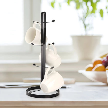 Decorme Mug Tree Holder – Black Metal Coffee Cup Organizer Rack (6 Hooks)