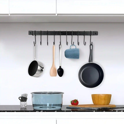Decorme Wall Mounted Iron Kitchen Rail –  Utensil Rack with 10 S Hooks (Black)