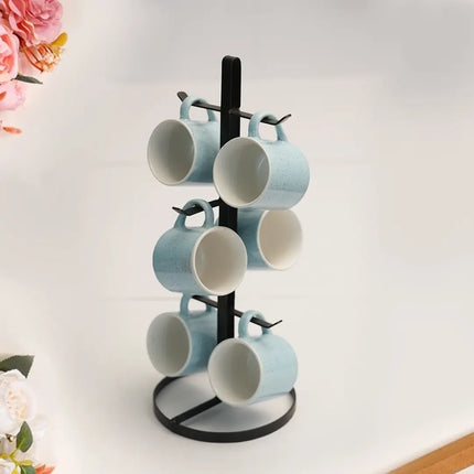 Decorme Mug Tree Holder – Black Metal Coffee Cup Organizer Rack (6 Hooks)