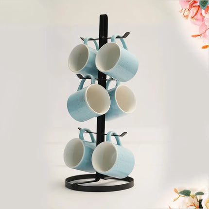 Decorme Mug Tree Holder – Black Metal Coffee Cup Organizer Rack (6 Hooks)