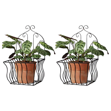 French Country Wall Baskets – Set of 2 Crested Arabesque Curled Iron Plant Holders