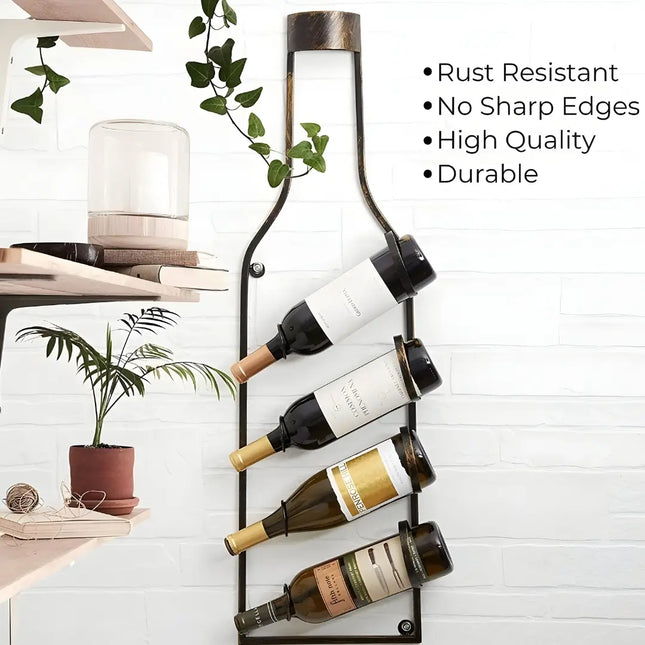4-Bottle Hanging Wine Rack – Bottle Shape Design, Black Wrought Iron