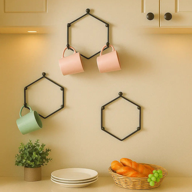 Decorme Modern HexaHooks™ – Wall Mounted 3-Hook Geometric Mug Rack Set (Black, Set of 3)