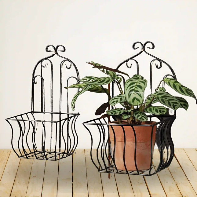 French Country Wall Baskets – Set of 2 Crested Arabesque Curled Iron Plant Holders
