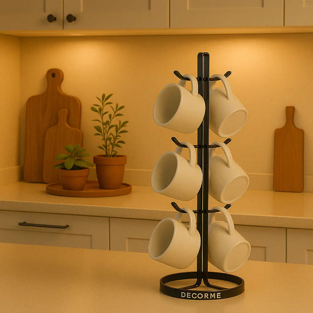 Decorme Mug Tree Holder – Black Metal Coffee Cup Organizer Rack (6 Hooks)