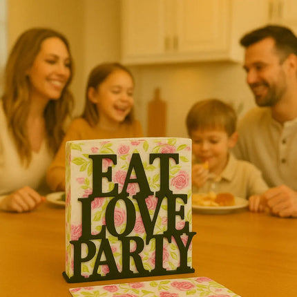 Eat Love Party Iron Tissue Stand – Floral Black Napkin Holder