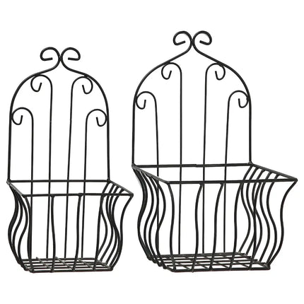 French Country Wall Baskets – Set of 2 Crested Arabesque Curled Iron Plant Holders