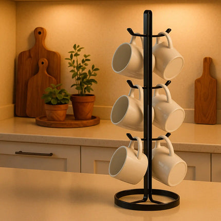 Decorme Mug Tree Holder – Black Metal Coffee Cup Organizer Rack (6 Hooks)