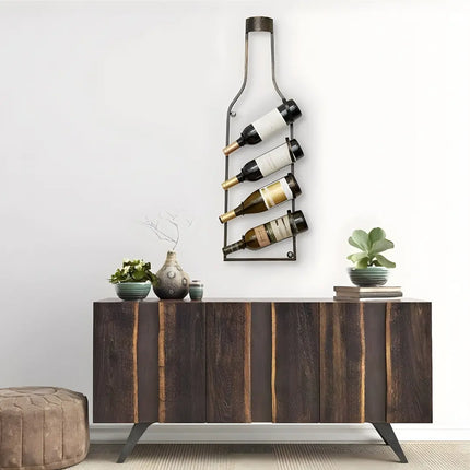 4-Bottle Hanging Wine Rack – Bottle Shape Design, Black Wrought Iron